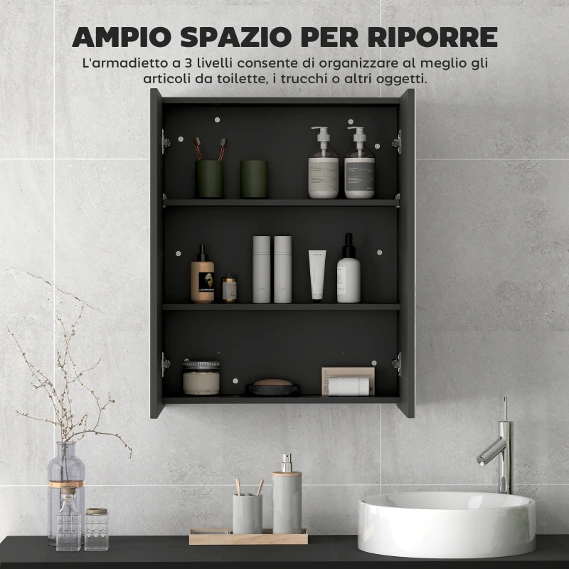 HOMCOM Armadietto Pensile Bagno 2 Ante con Specchiera e 2 Ripiani Interni in MDF, 60x15x75 cm, Nero