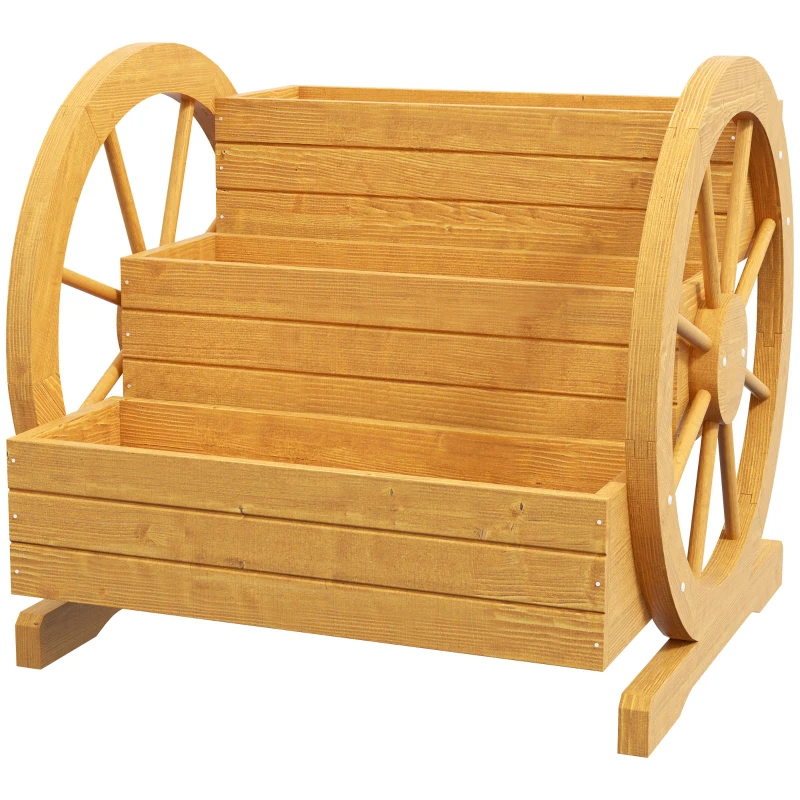 Outsunny Houten Plantenbak met 3 Lagen en Wagenwieldecoratie - 62 x 61 x 57 cm