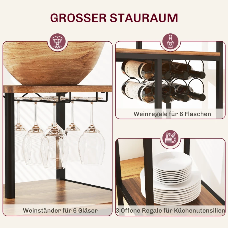 HOMCOM 3-delige Bartafelset, 1 Bartafel, 2 Stoelen, met Wijnrek, Glazenhouder, Open Planken, Voetensteunen, Bruin(m-5)