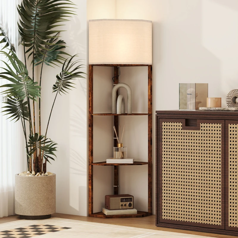 HOMCOM Corner Floor Lamp with Shelves, Tall Standing Lamps for Living Room, with Pull Chain Switch Bulb not Included, Rustic Brown