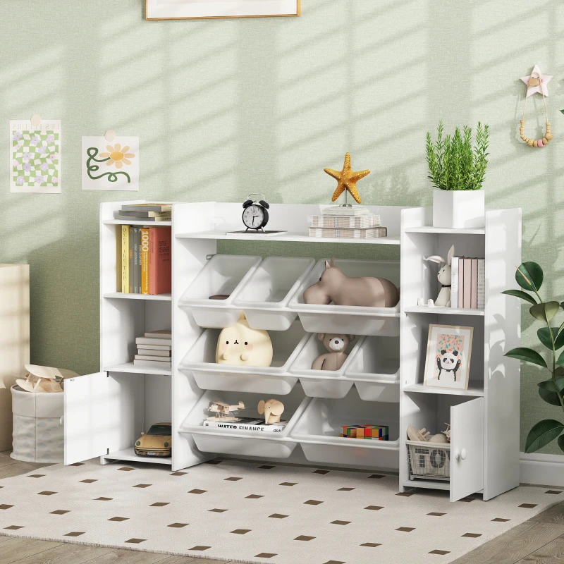 AIYAPLAY Scaffale Portagiochi per Bambini con 8 Contenitori Rimovibili e Armadietti, 140x30x90 cm, Bianco
