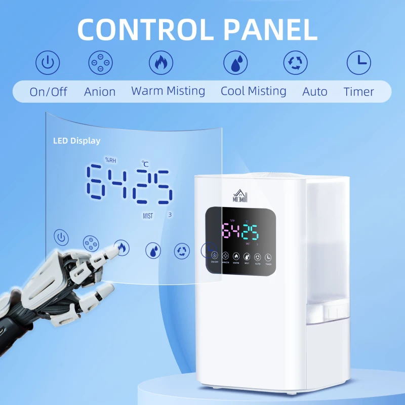 HOMCOM 6L Warm Cool Mist Humidifiers for Bedroom, Air Humidifiers with Remote, LED Display, Quiet Operation with Auto Mode, Up to 13H for 40 ㎡, White