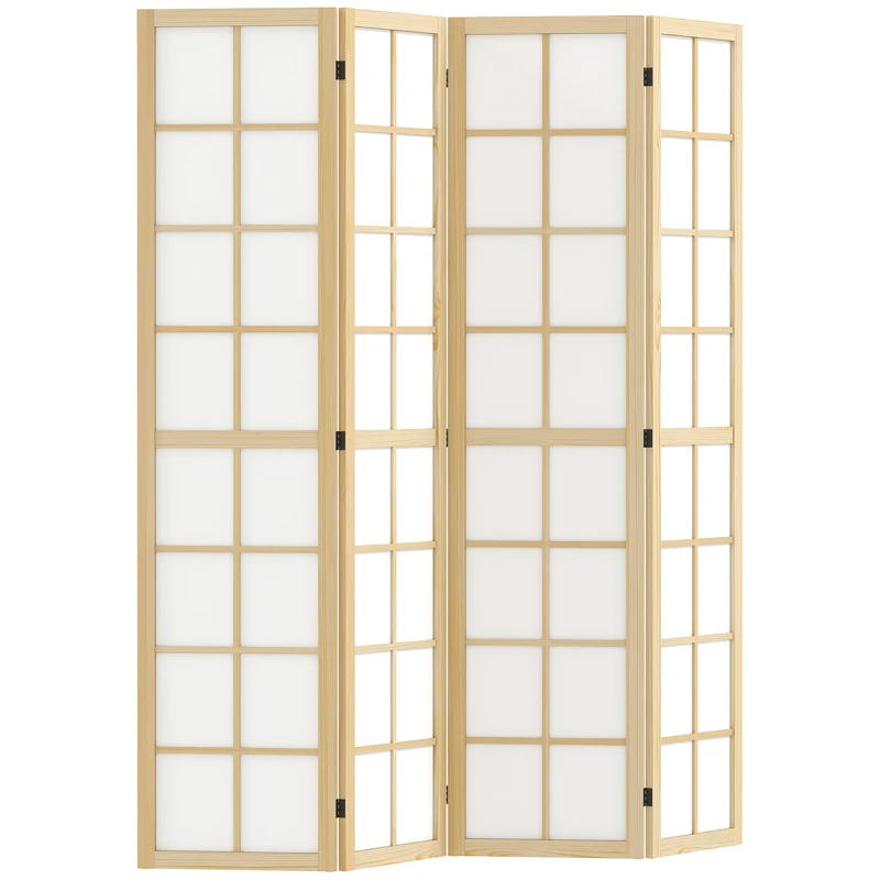HOMCOM Paravan de interior cu 4 panouri pliabil din lemn și țesătură, 160x170 cm, culoare lemn și alb