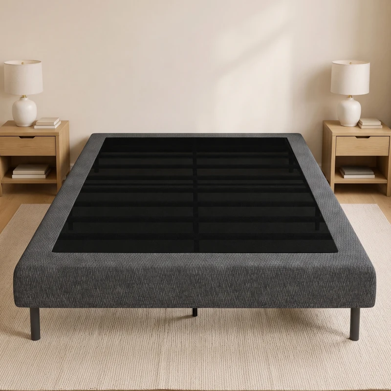 HOMCOM Somier tapițat 140x190 cm, cadru de pat cu husă, 10 lamele lemn, 9 picioare stabile, gri