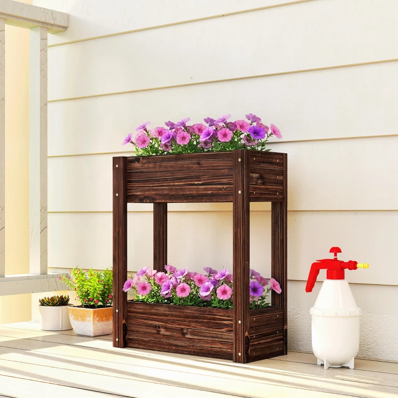 Outsunny 2-Tier Wooden Raised Planter, Raised Garden Bed on Legs with Drainage Holes and Bed Liner, Elevated Garden Planter