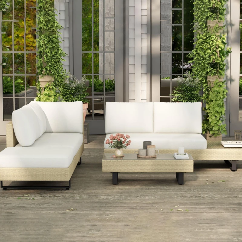 Outsunny Conjunto de Muebles Ratán de 3 Piezas Mesa de Centro Sofá Doble y Sofá de 3 Plazas con Cojines Extraíbles Beige