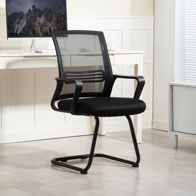 HOMCOM Ergonomic Desk Chair No Wheels, Padded Meeting Office Chair with Sled Base for Bedroom, Waiting, Reception, Black