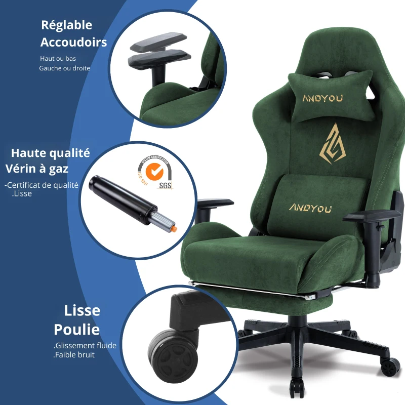 Fauteuil gaming avec repose-pieds, similicuir respirant, réglable en hauteur avec vérin à gaz, pivotant, 70x70x135 cm, Vert