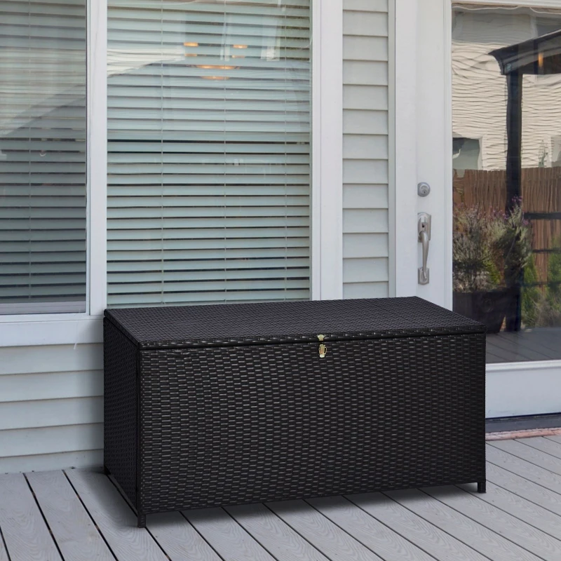 Outsunny Coffre Malle de Rangement, 118L x 54l x 59H cm, Résine Tressée Imitation Rotin, Café Foncé