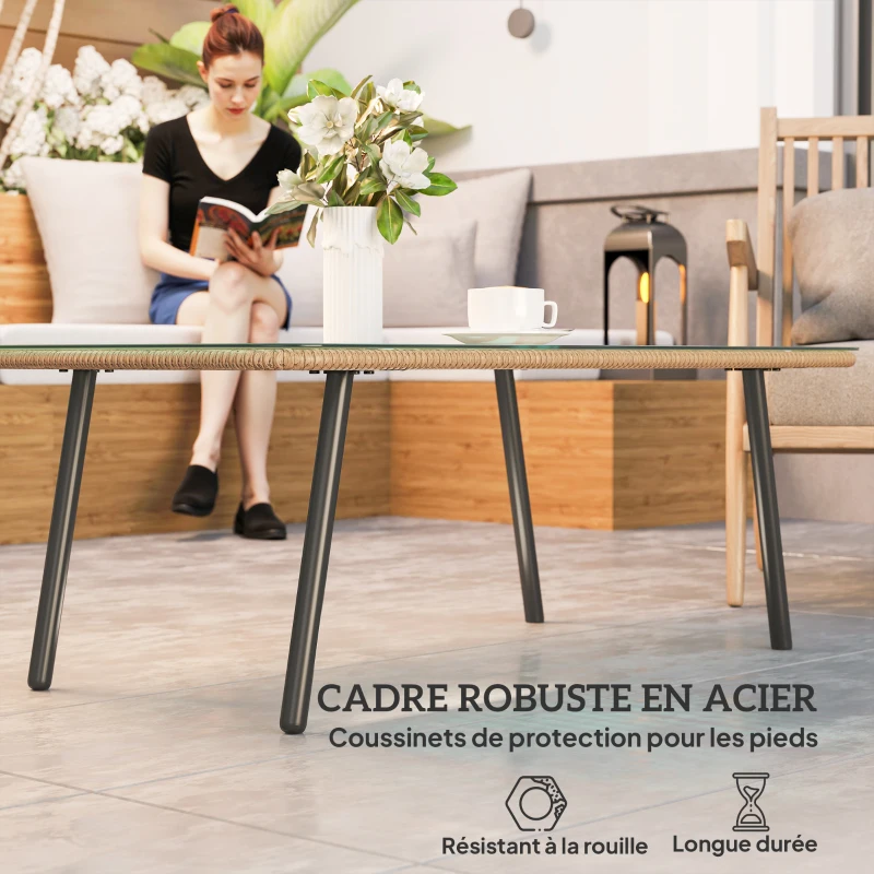 Outsunny Table basse de jardin avec plateau verre trempé 5 mm, table d'appoint pour extérieur, cadre en acier, effet bois naturel