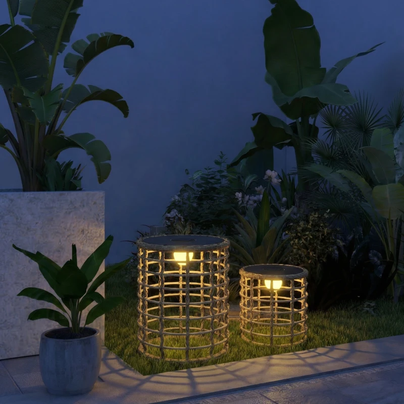 Outsunny Solar vloerlamp set van 2 Rattan solarlampen met lichtsensor LED Boho-stijl IP44