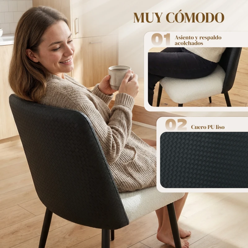 HOMCOM Juego de 2 Sillas de Cocina con Respaldo de PU de Imitación Ratán Patas de Acero y Asiento Acolchado Negro y Beige