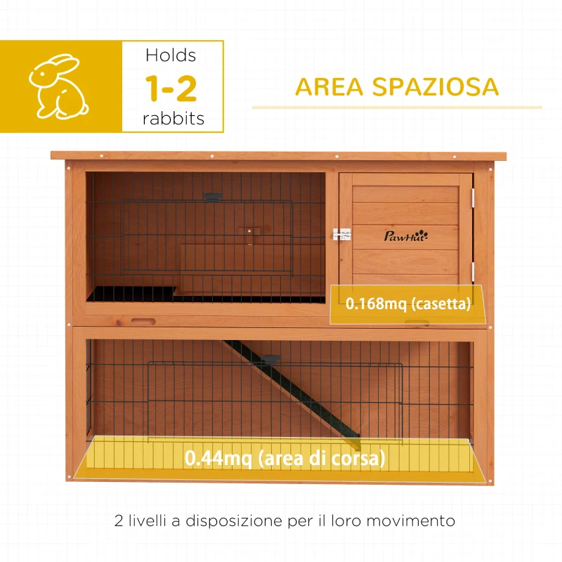 PawHut Conigliera da Esterno a 2 Livelli in Legno con Vassoio Rimovibile per 1-2 Conigli, Arancione