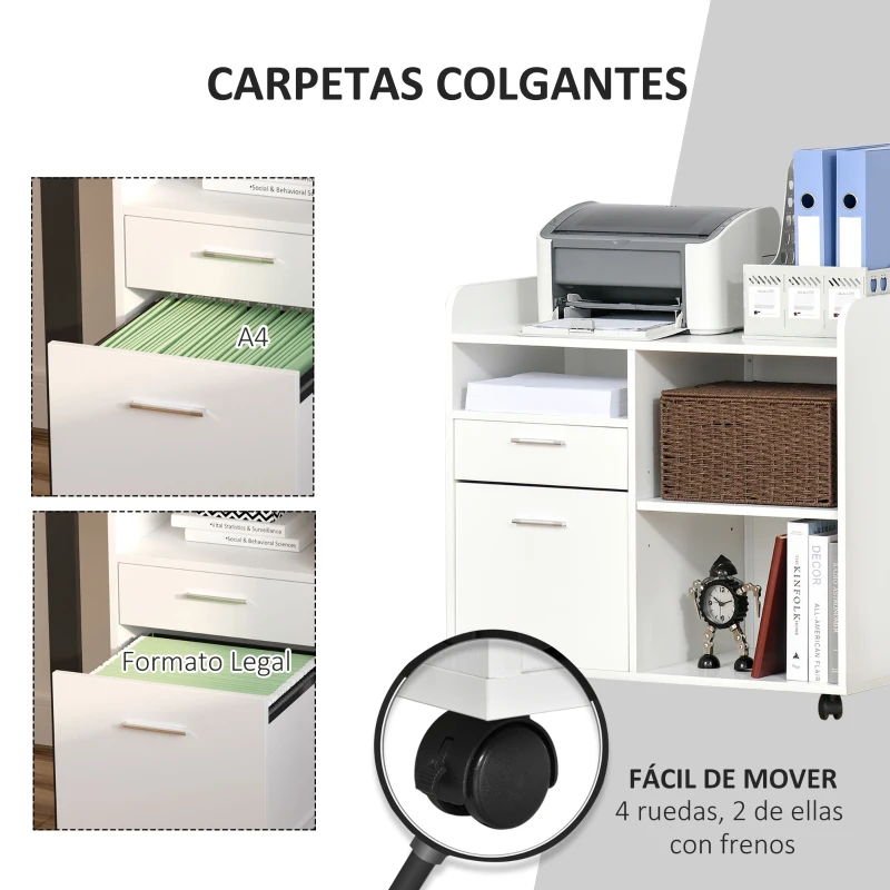 Vinsetto Armario para Impresora con 3 Compartimentos 2 Cajones para Archivos Estante Ajustable Ruedas 80x40x72 cm Blanco