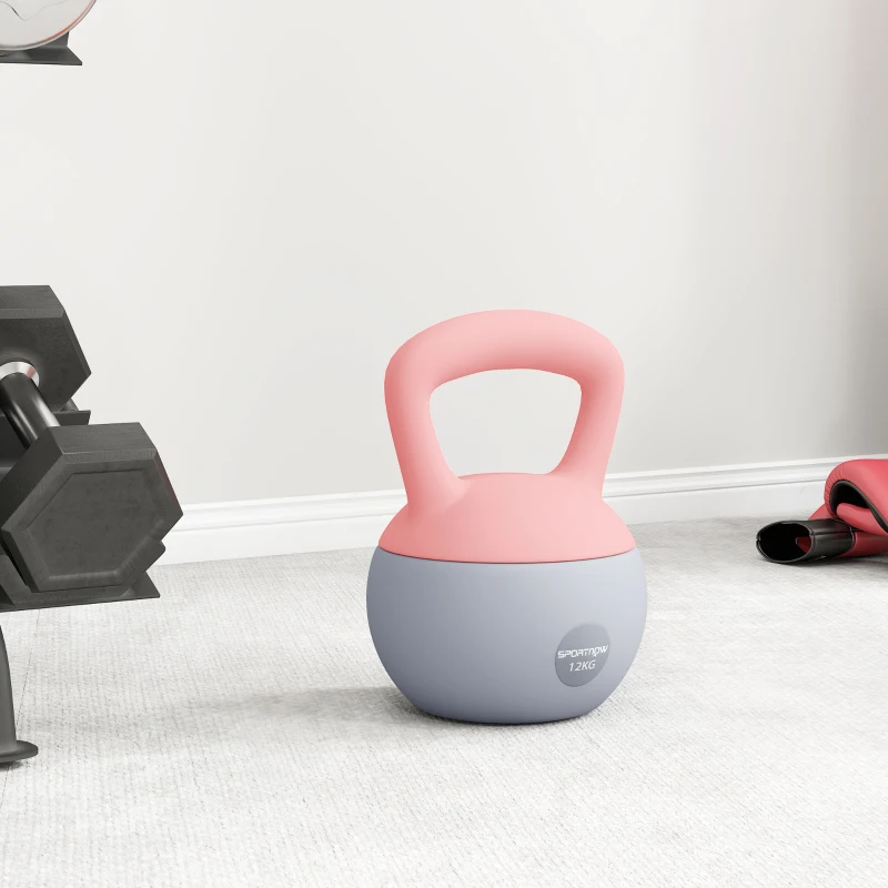 SPORTNOW Pesa Rusa 12 kg Kettlebell Relleno de Arena Metálica Mango Antideslizante para Entreno en Casa 21x21x30 cm Rosa y Gris