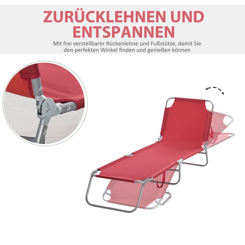 Outsunny Zonnebed, Opvouwbaar, Verstelbare Rugleuning, Roestvrij Metalen Frame, 180 x 55 x 24, Wijnrood