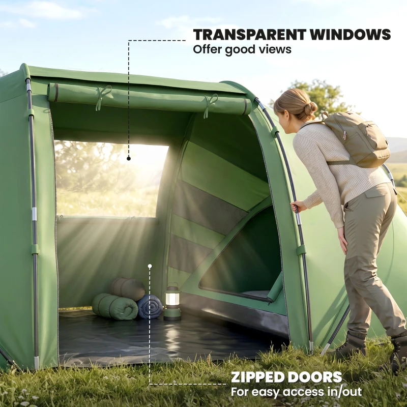 Outsunny 4 Man Camping Tent, UV Protection Tunnel Tent with 2 Bedrooms and Living Area, Large Hiking Sun Shelter, 430 x 240 x 170 cm, Dark Green