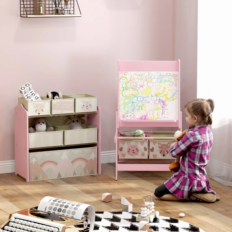 Tableau chevalet double-face rouleau papier 2 paniers + meuble à jouets de rangement à 6 boîtes, 63 x 30 x 66 cm, rose