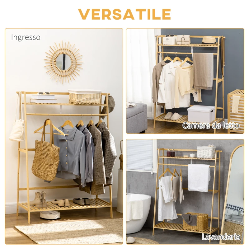 HOMCOM Appendiabiti in Bambù, Design Rialzato a 2 Livelli con Barra e 2 Ganci, 114x40x139 cm