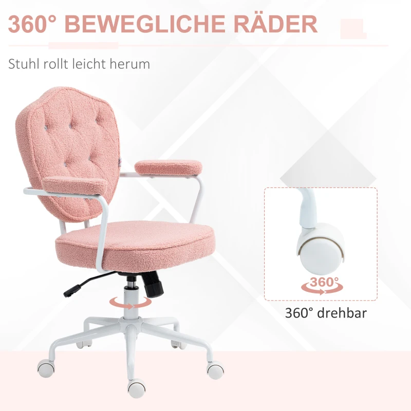 HOMCOM Mooie bureaustoel met knopen afgewerkte zachte bekleding, in hoogte verstelbaar, roze