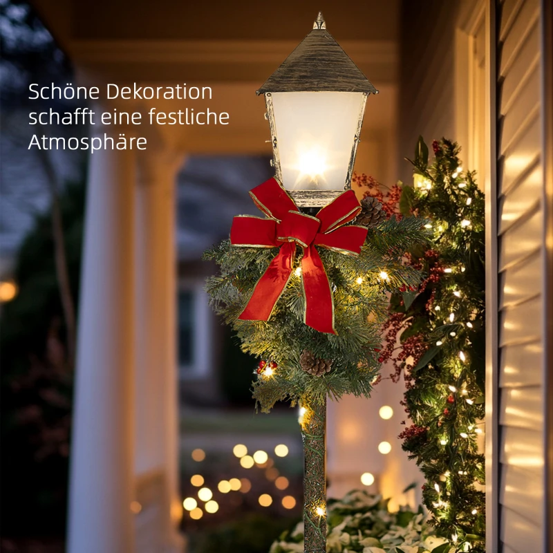 Outsunny Kerstlantaarn met Bessen, Dennenappels & Strik, LED-Lichtjes, Metalen Paal, 150 cm