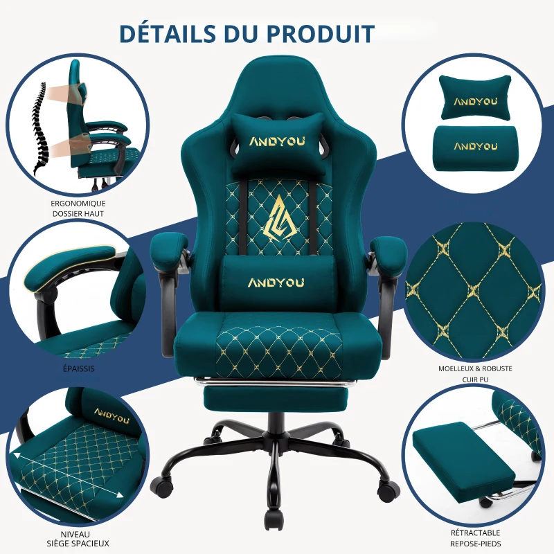Chaise gaming avec repose-pieds, coussin doux pour la nuque et les lombaires, coussin de soutien amovible, 60x60x122 cm, bleu marine