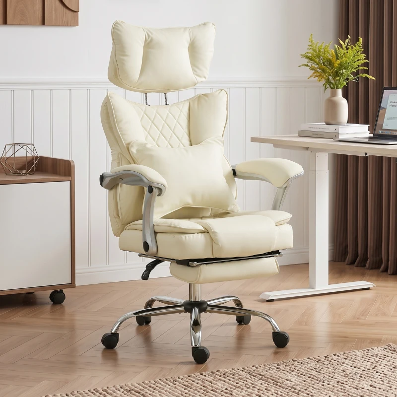 HOMCOM Executive Office Chair, PU Big and Tall Office Chair 180 kg with Wide Seat, Reclining, Lumbar Support, Beige