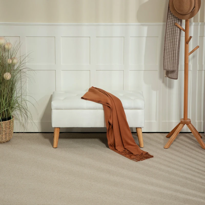 HOMCOM Gestoffeerde Bank met Opbergruimte, Fluweelachtige Stofbekleding, Houten Poten, Voor Woonkamer, Slaapkamer, Hal, 80 x 35 x 42 cm, Wit