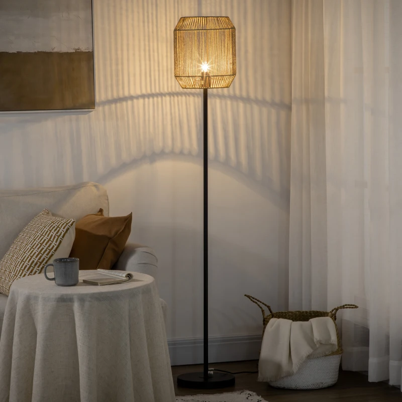 HOMCOM Candeeiro de Pé com Ecrã de Corda de Papel e Interruptor de Pé Lâmpada E27 Máx. 40W  Ø26x158cm Natural e Preto