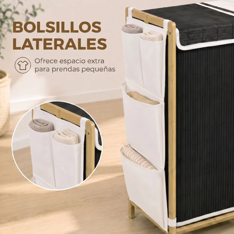 HOMCOM Cesto de Ropa Sucia con Tapa 120L de Bambú con 2 Compartimentos Bolsas con Cordón Bolsillos Laterales Blanco y Negro