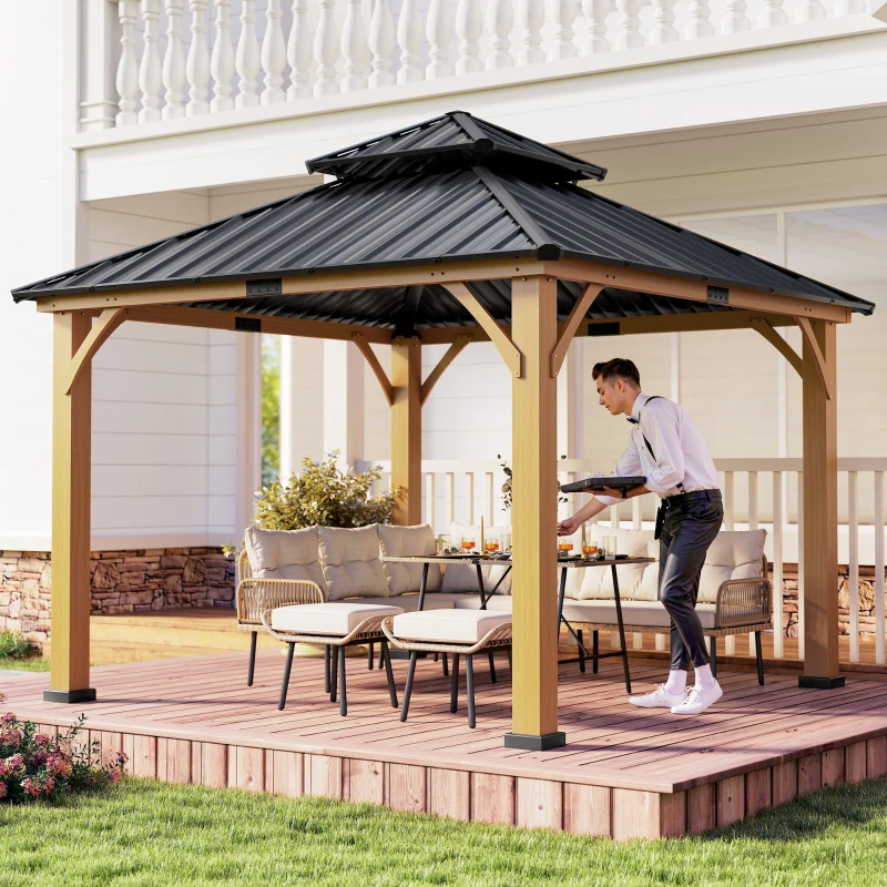 Outsunny 3.5 x 3.5m Outdoor Hardtop Gazebo Canopy with Two-tier Metal Roof and Solid Wood Frame Outdoor Patio Shelter for Patio, Garden, Black