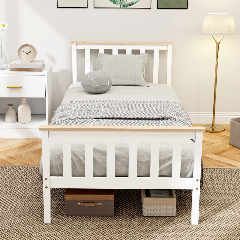 HOMCOM Eenpersoons-bedframe, houten bedframe, opbergruimte onder, natuurhout, wit