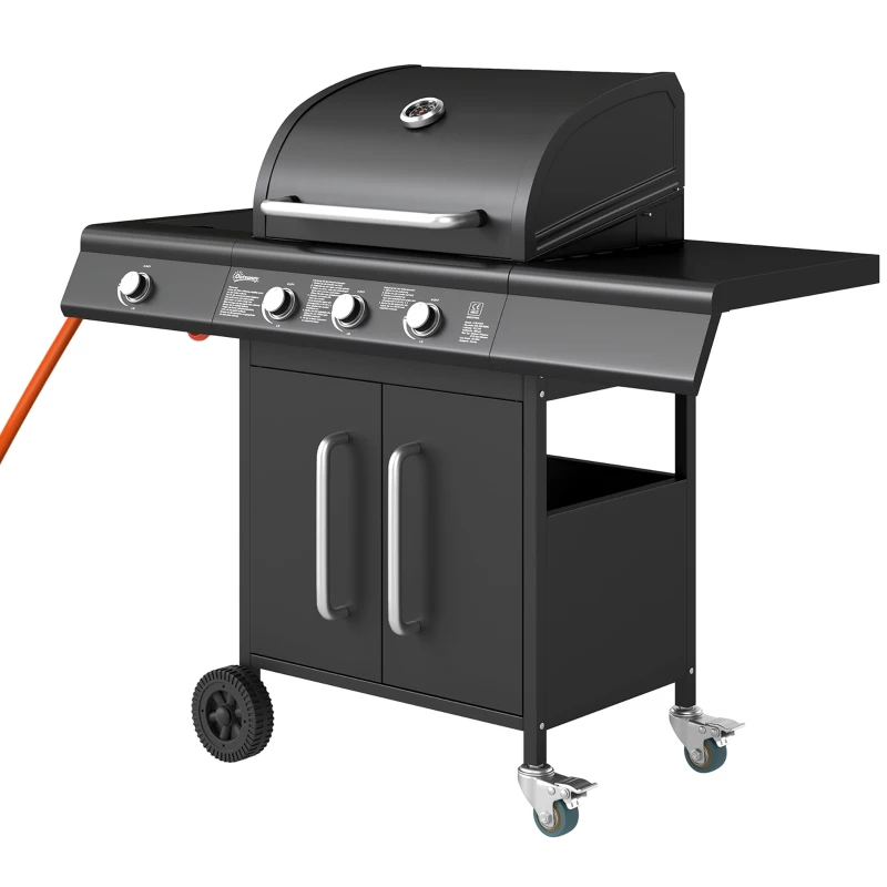Outsunny Mobiele gasbarbecue met opbergruimte, zijtafel, zijbrander, warmhoudrooster, thermometer, roestvrij staal, zwart
