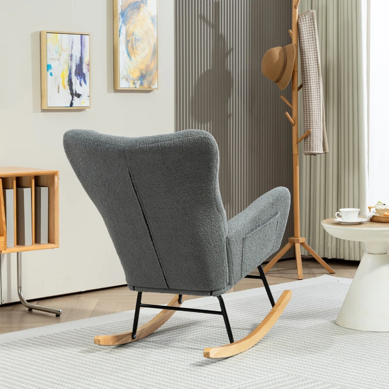 HOMCOM Mecedora de Borreguito con Respaldo Acolchado Almohada y Base de Madera de Caucho Carga 120 kg Gris