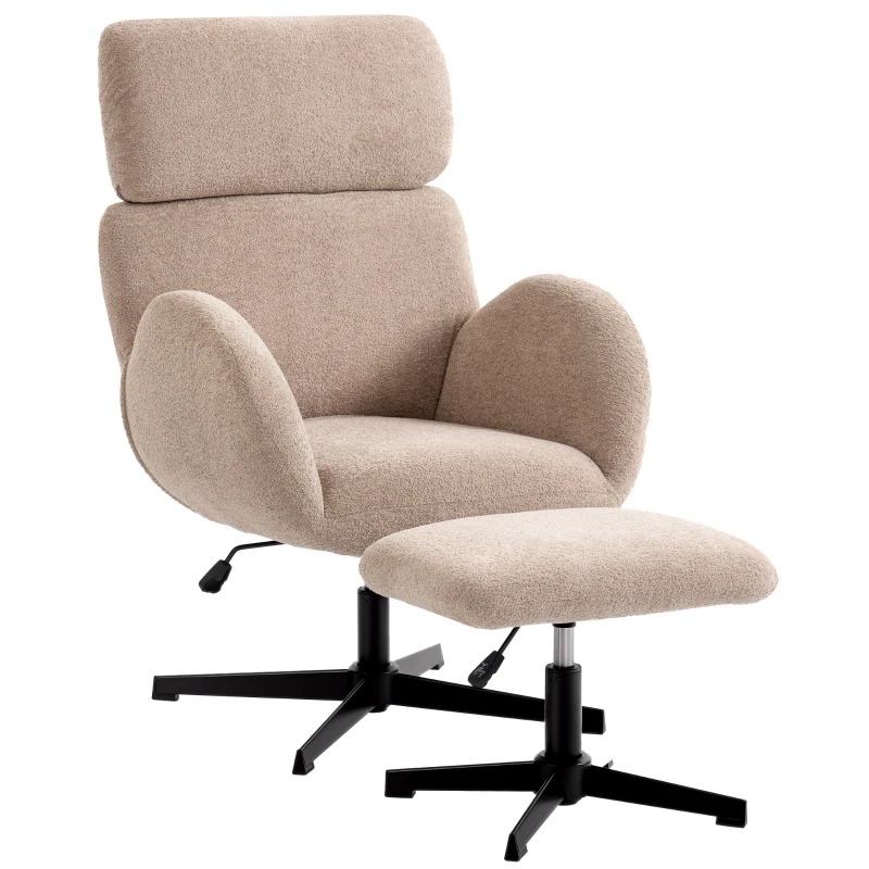 HOMCOM Swivel Armchair and Footstool Set, Height Adjustable Accent Chair with Adjustable Headrest, Rocking Function, Light Brown