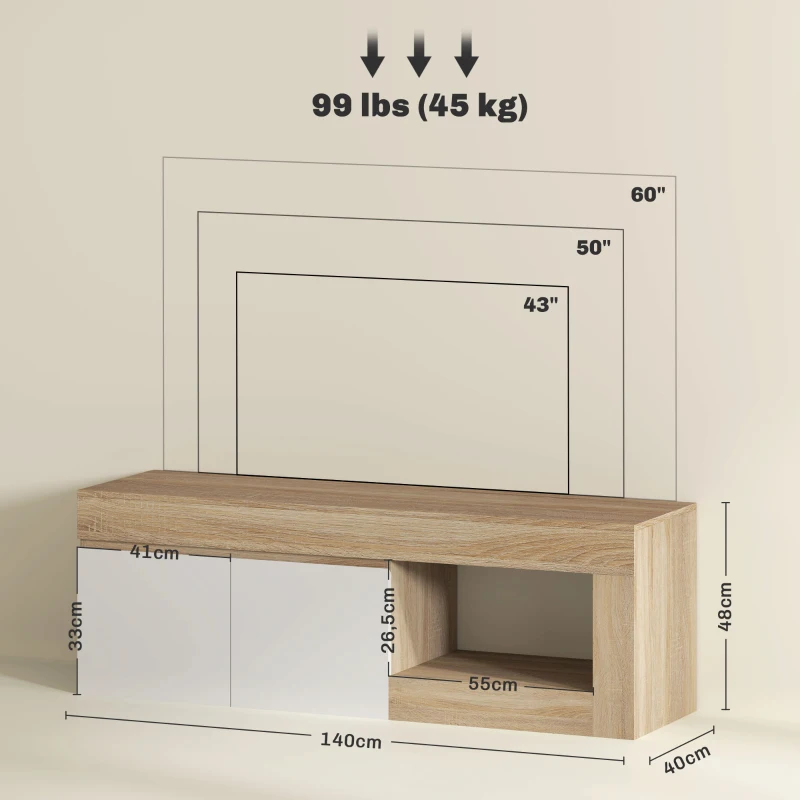 HOMCOM Mobile Porta TV 60" con Armadietto 2 Ante e Ripiano Aperto, 140x40x48 cm, Legno Naturale