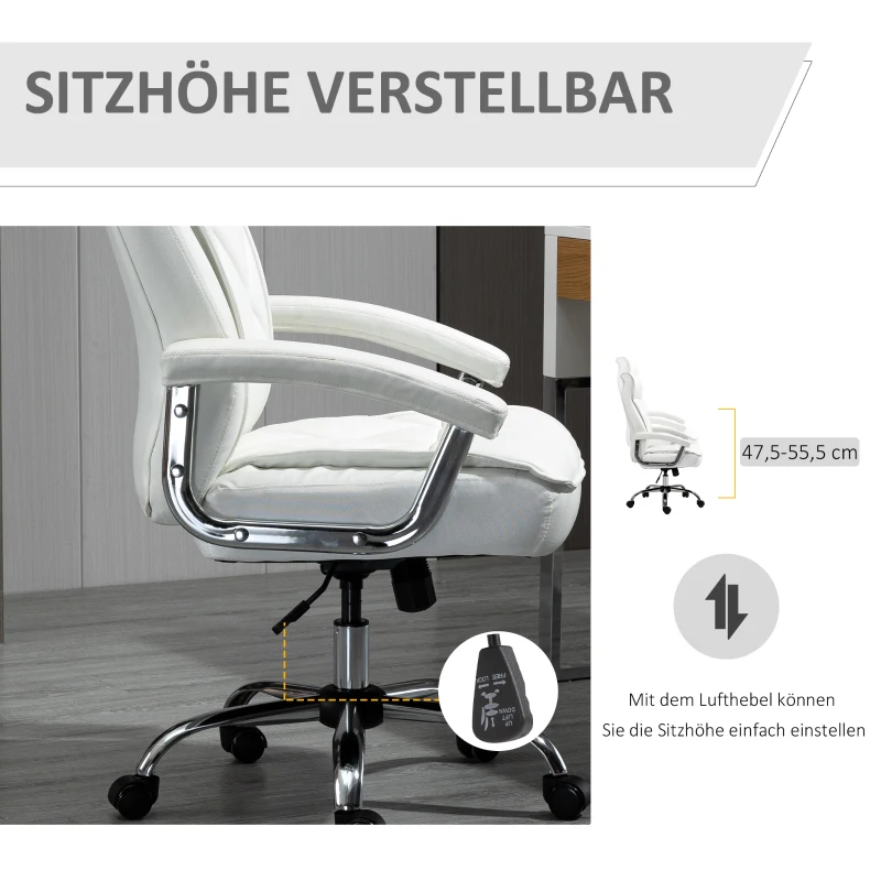 Vinsetto bureaustoel kantoorstoel gaming stoel draaistoel ergonomisch met wipfunctie in hoogte verstelbaar ruitpatroon modern elegant luxe PU leer metaal schuim wit 66x69x121 cm