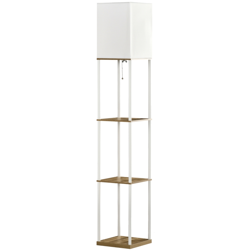 HOMCOM Modern Metal Floor Lamp with Shelves, 3 Layer Shelf Tall Standing Lamp with Fabric Lampshade, Pull Chain Switch for Living Room, Bedroom, Bulb not Included, White