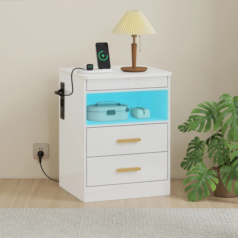 HOMCOM Modern nachtkastje, bijzettafel met oplaadstation en RGB-ledverlichting, hoogglans wit