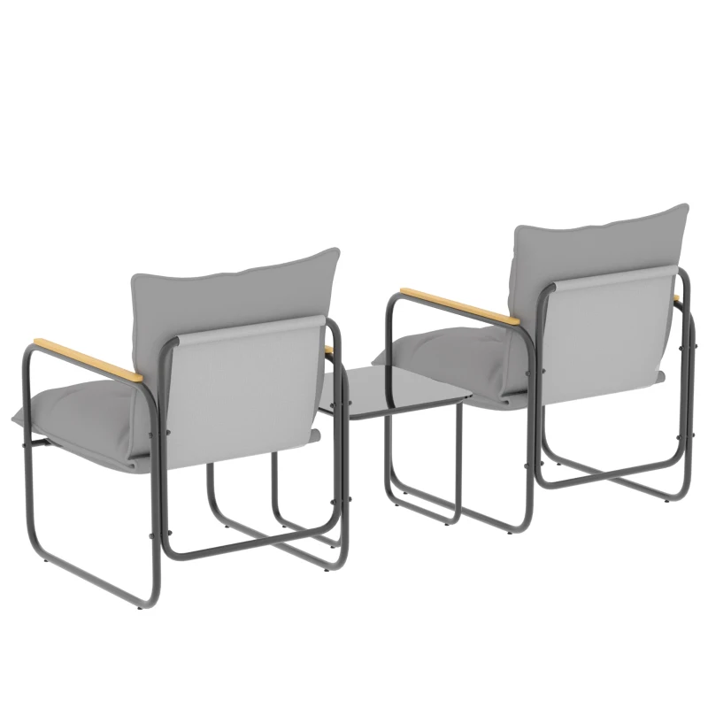 Outsunny Salon de Jardin 3 Pièces, 2 Fauteuils avec Coussins Épais, 1 Table Basse en Verre Trempé, 59x73x72cm, Gris Foncé
