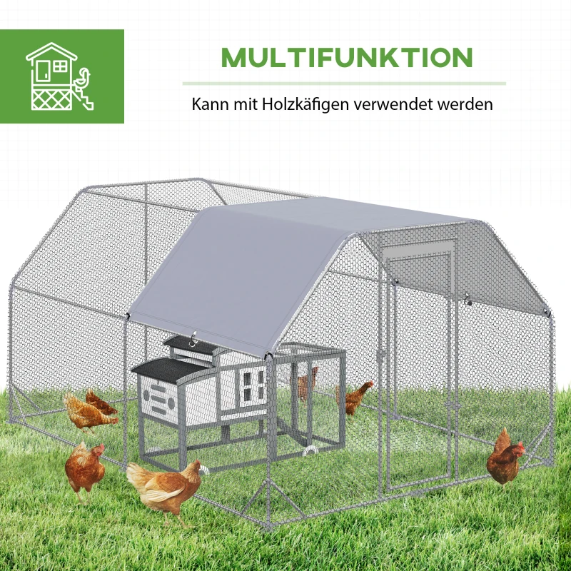 PawHut Hok voor kippenren en kippenhok, met loopruimte, vergrendelbare deur, geschikt voor 10-12 kippen, 280 cm x 380 cm x 195 cm, Grijs