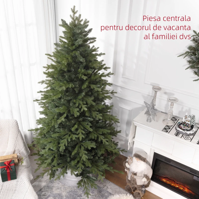 HOMCOM Brad de Crăciun 210 cm din plastic verde cu bază din metal și 2445 de crengi ignifuge