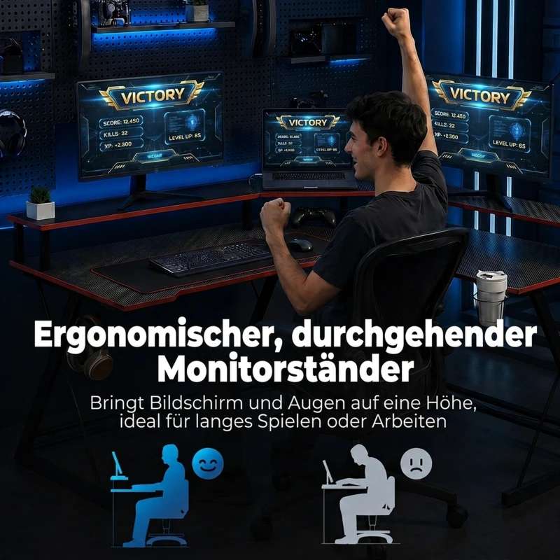 HOMCOM L-vormig computertafel met stopcontacten, 128 cm hoekbureau met monitorstandaard, hoofdtelefoonhaak & bekerhouder