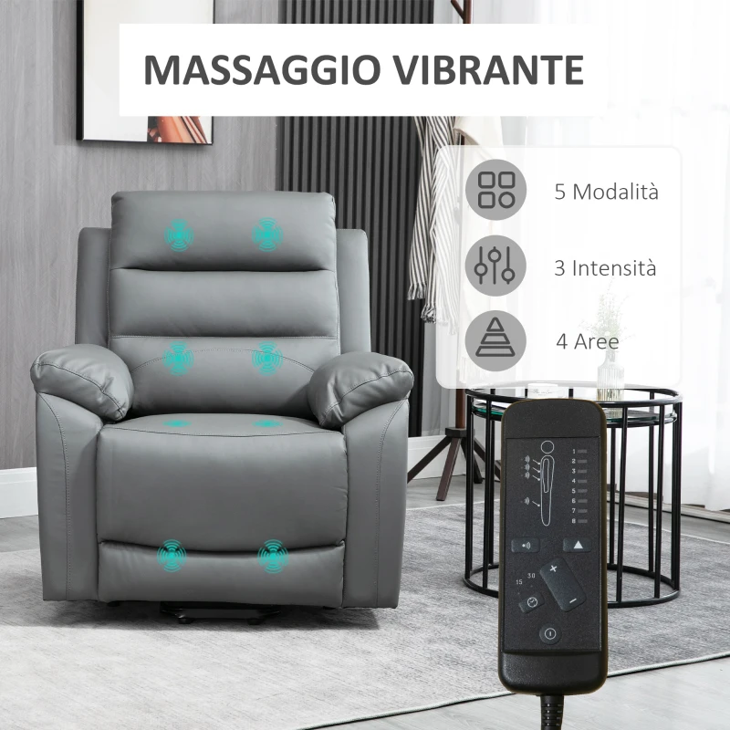 HOMCOM Poltrona Alzapersona Reclinabile fino a 135° con 8 Punti Massaggianti, Telecomando e Poggiapiedi, 91x86x101 cm
