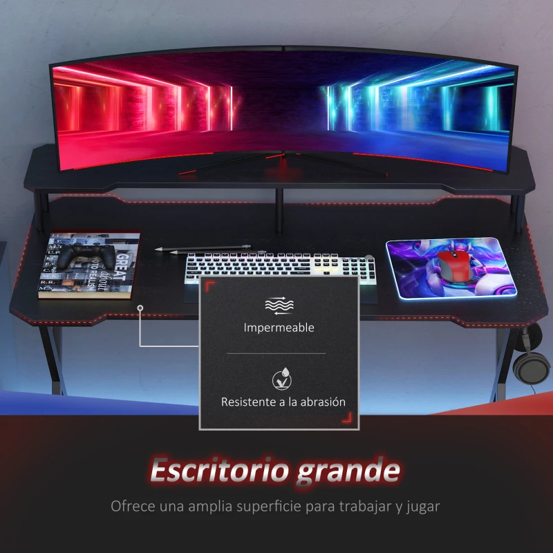 HOMCOM Mesa Gaming 140x60 cm Escritorio para Computadora PC con Estante Elevado para Monitor Gancho para Auriculares Negro