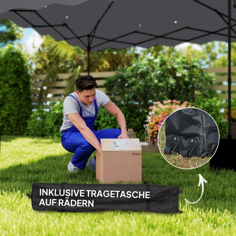Outsunny 3 x 3 m Pop-up Paviljoen, Hoogteverstelbaar Tuinpaviljoen, met Rolkoffer, voor Tuin, Terras, Metaal, Stof, Lichtgrijs