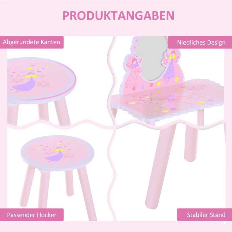 HOMCOM Kaptafel make-uptafel voor kinderen kapcommode make-upcommode met kruk