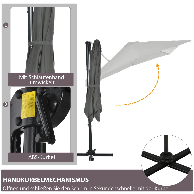 Outsunny Grijze Zweefparasol Tuinparasol, Kruisvoet, Kantelbaar, Weerbestendig, 245 cm x 245 cm x 245 cm