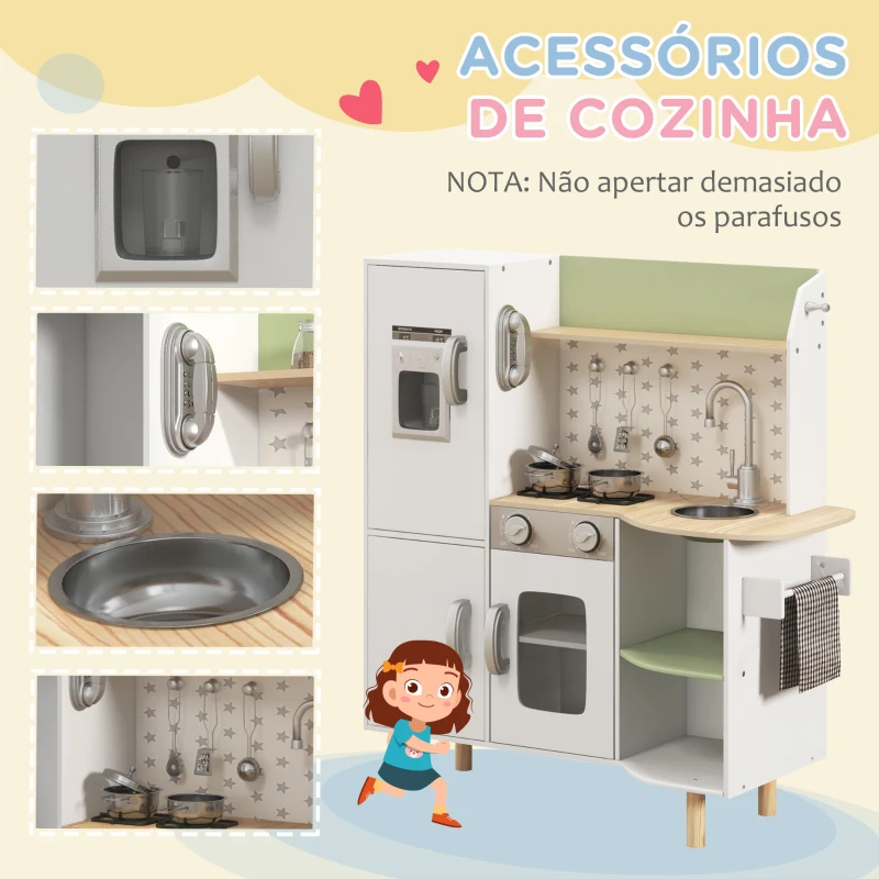 AIYAPLAY Cozinha de Madeira para Crianças com Máquina de Gelo Lavatório de Aço Inoxidável e Utensílios 84x34x89 cm Branco