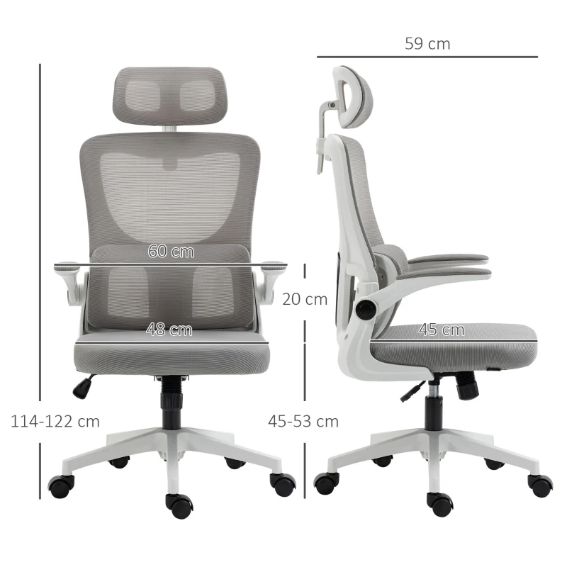 Vinsetto Bureaustoel, in hoogte verstelbaar, kantelbare rugleuning, verstelbare hoofdsteun, tot 120 kg, 60x59x114-122 cm, Grijs(m-3)